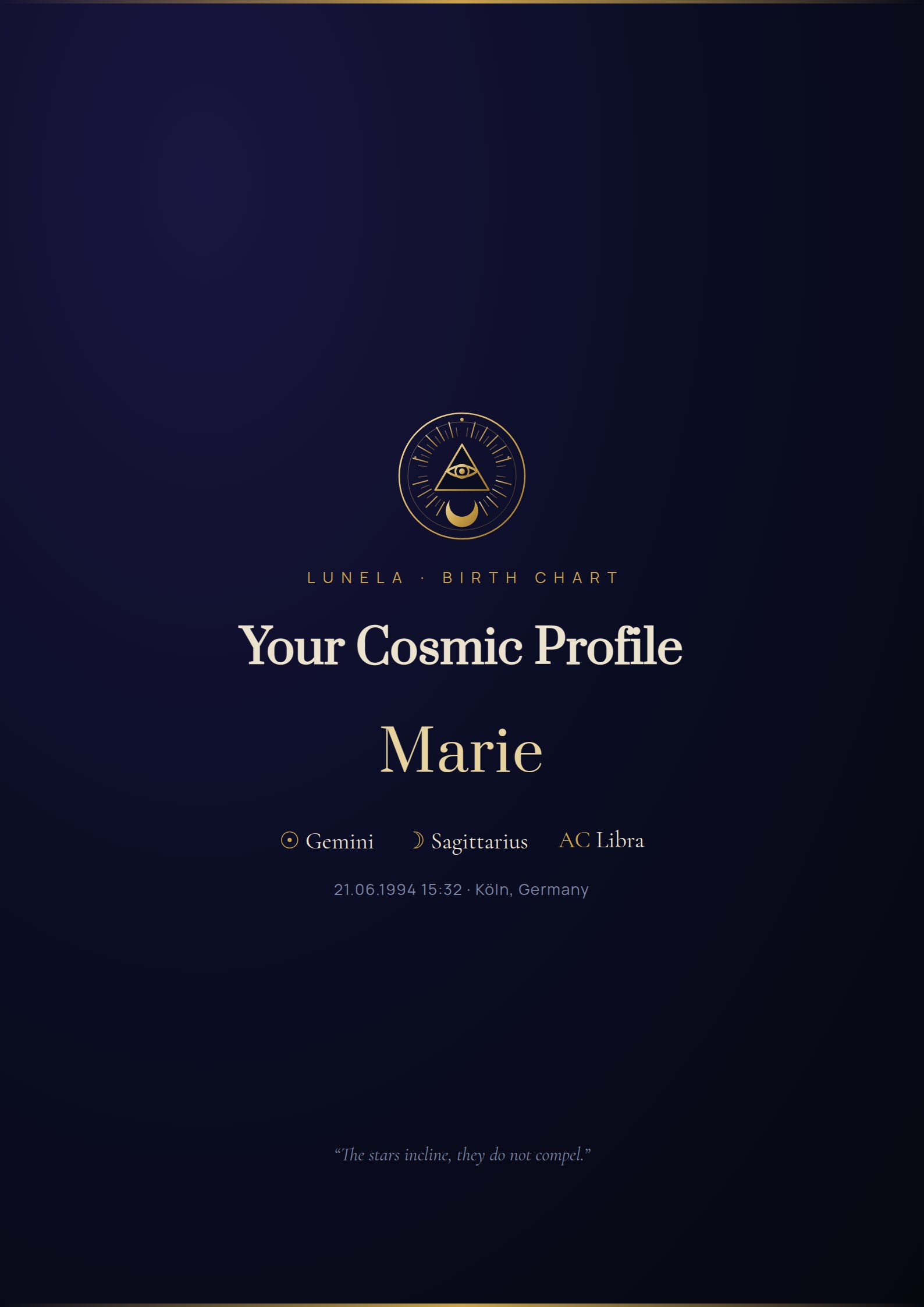 Sample page: Cover of the Lunela birth chart