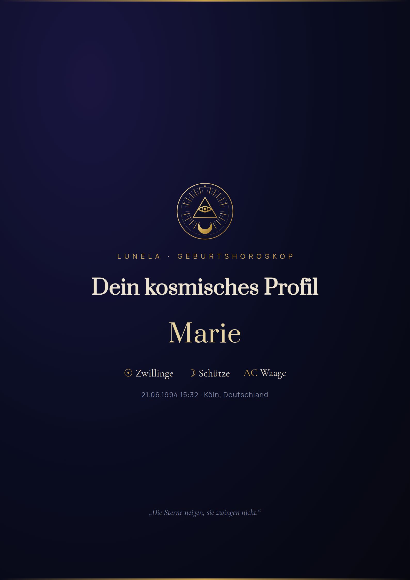 Musterseite: Cover des Lunela-Geburtshoroskops